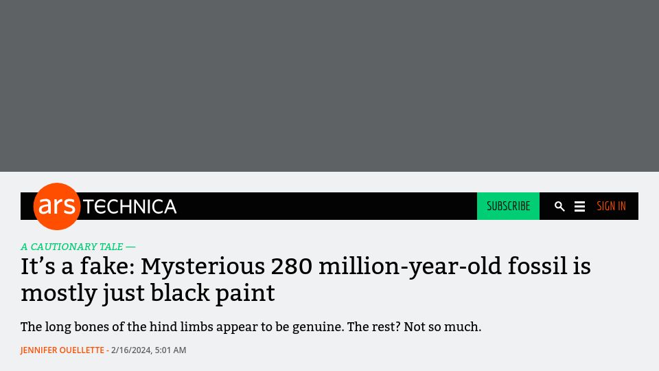 Screenshot of arstechnica.com: Mysterious 280M-year-old fossil is mostly just black paint