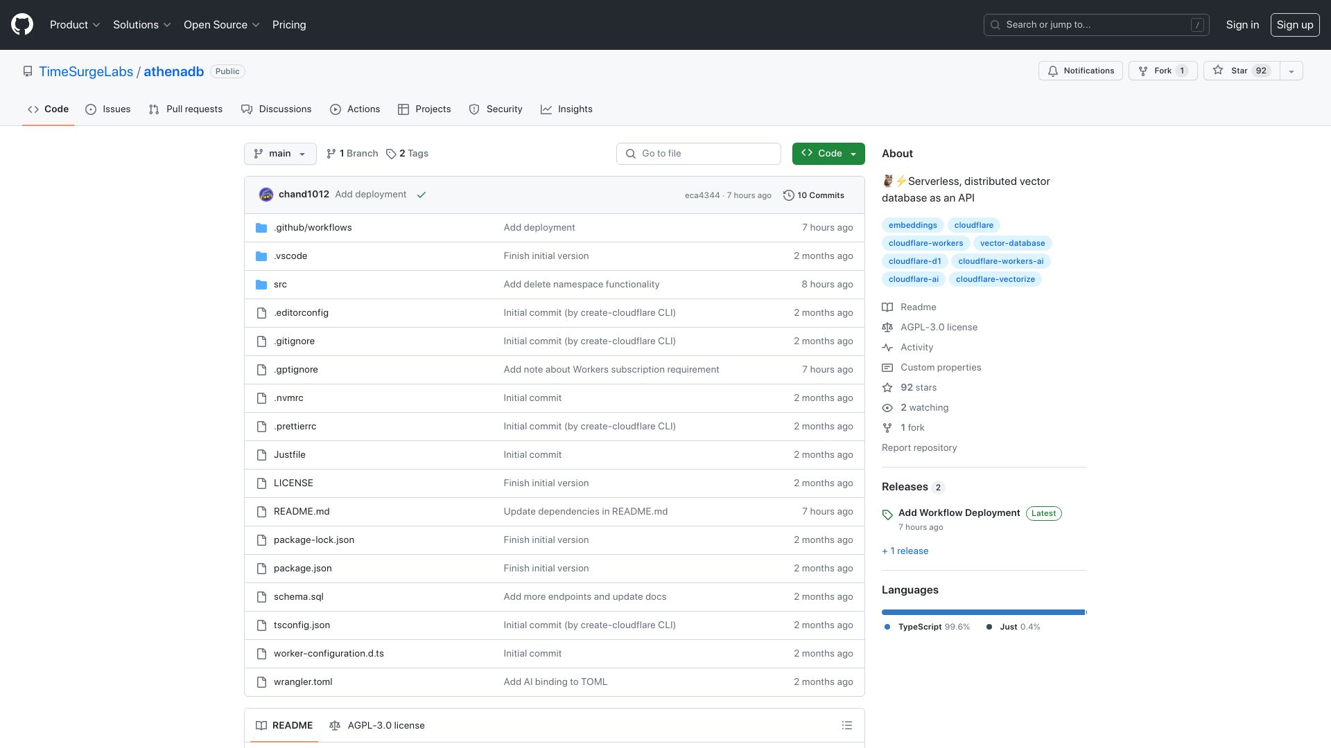 Screenshot of github.com: Show HN: I built a vector database API on Cloudflare