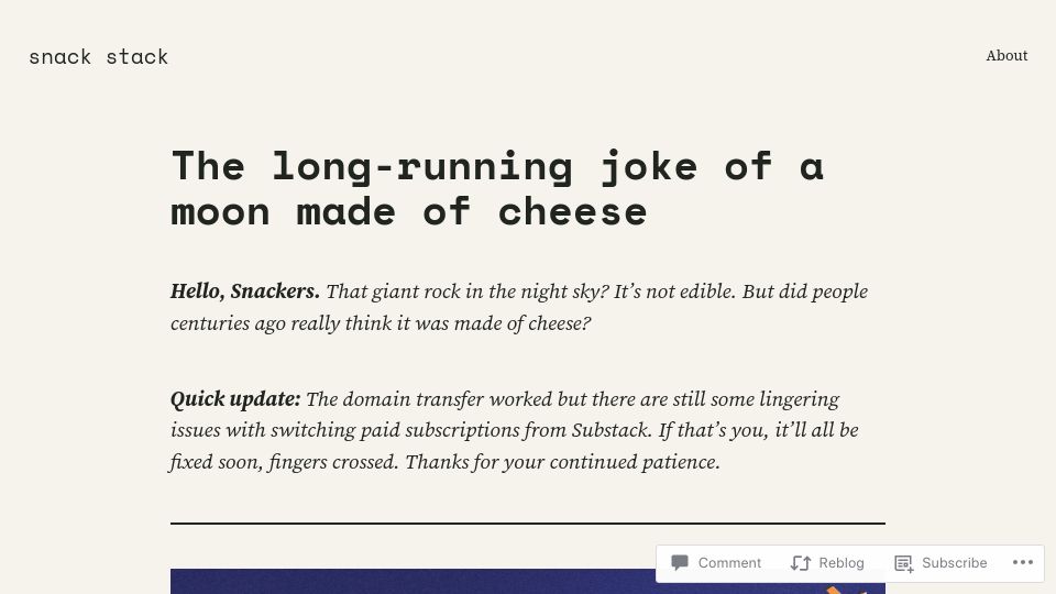 Screenshot of snackstack.net: The long-running joke of a moon made of cheese