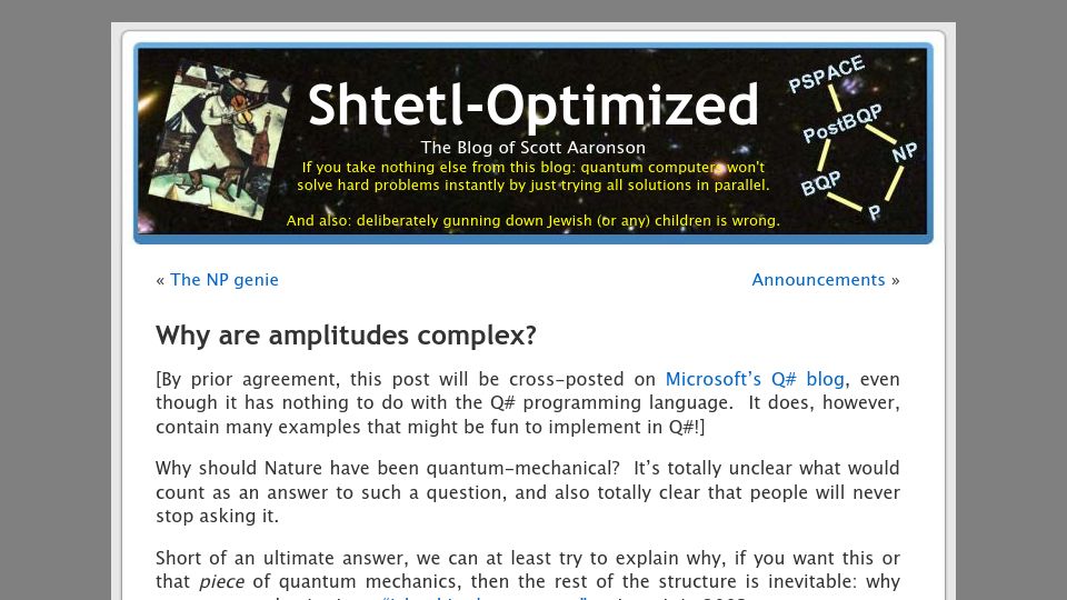 Screenshot of scottaaronson.blog: Why are amplitudes complex numbers? (2018)