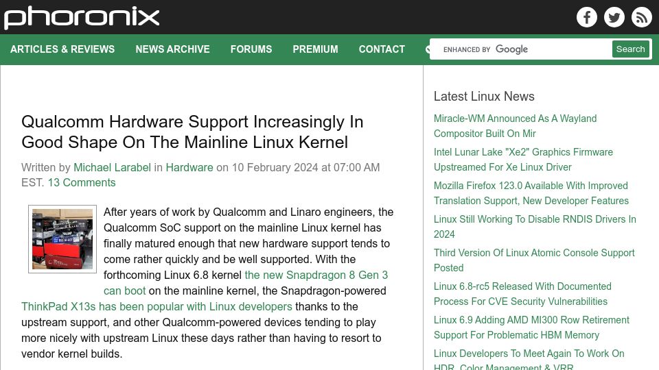 Screenshot of phoronix.com: Qualcomm hardware support increasingly in good shape with Linux kernel