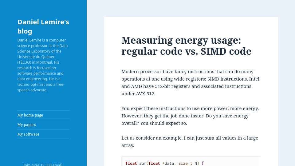 Screenshot of lemire.me: Measuring energy usage: regular code vs. SIMD code