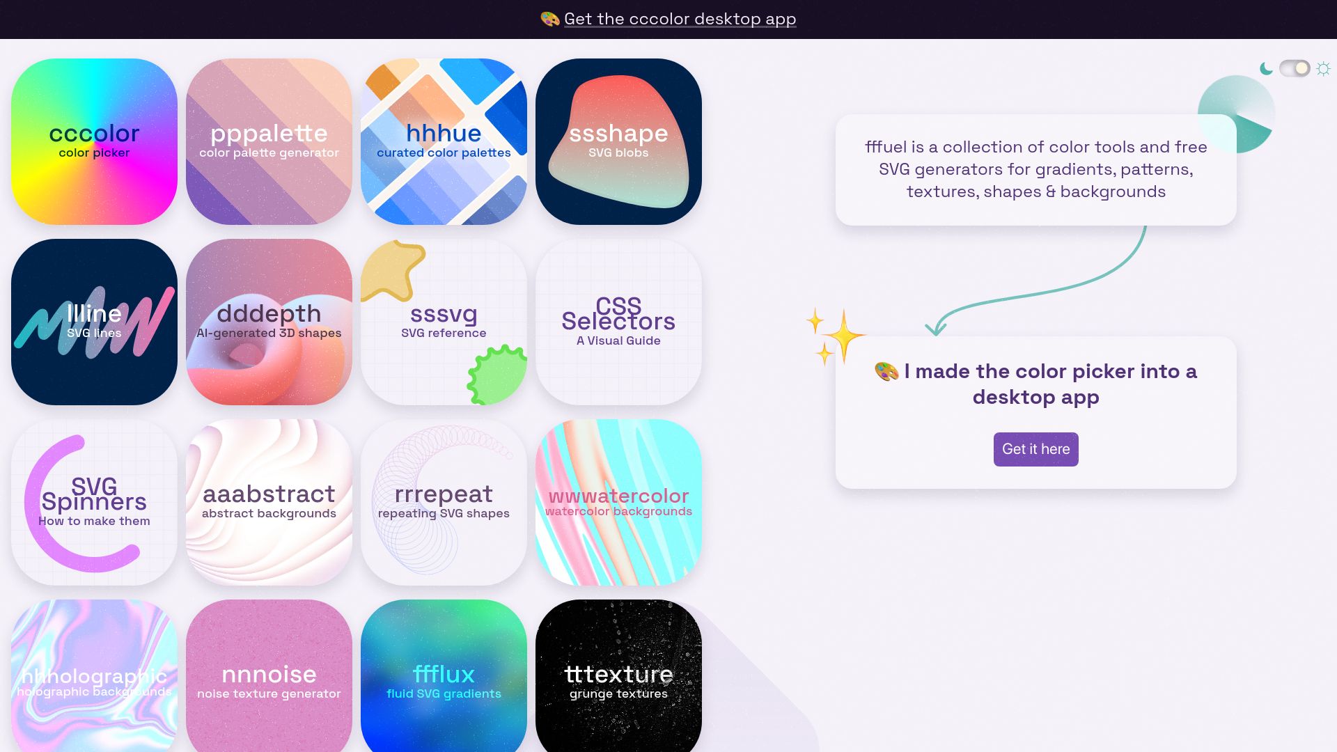 Screenshot of fffuel.co: Free SVG generators, color tools and web design tools