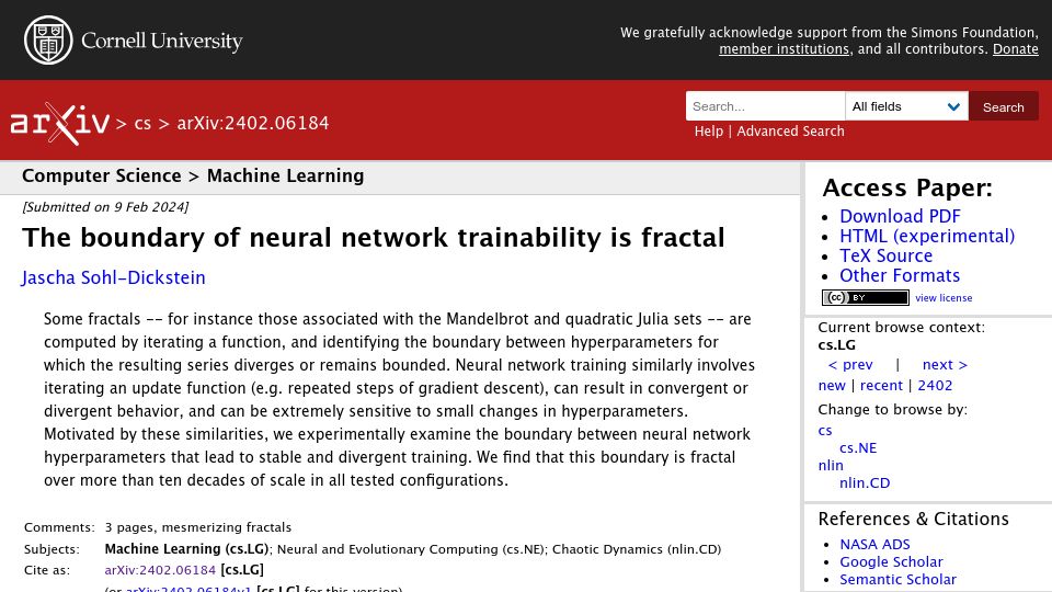 Screenshot of arxiv.org: The boundary of neural network trainability is fractal