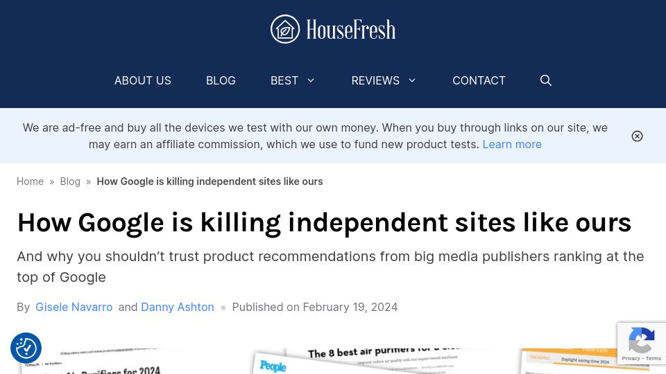 Screenshot of housefresh.com: Big media publishers are inundating the web with subpar product recommendations