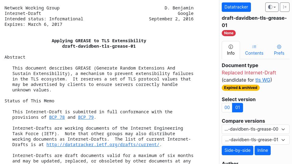 Screenshot of datatracker.ietf.org: Applying Grease to TLS Extensibility (2016)