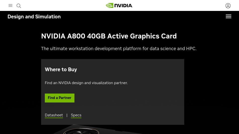 Screenshot of nvidia.com: A800 40GB Active Graphics Card