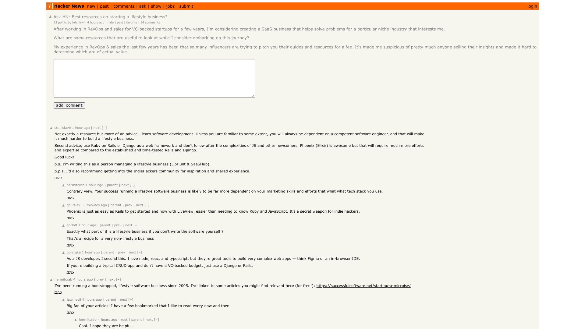 Screenshot of this Hacker News post: Ask HN: Best resources on starting a lifestyle business?