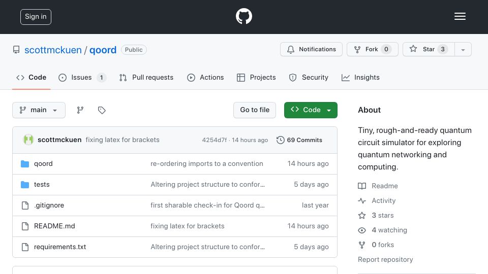 Screenshot of github.com: Show HN: Qoord, a simple quantum circuit simulator