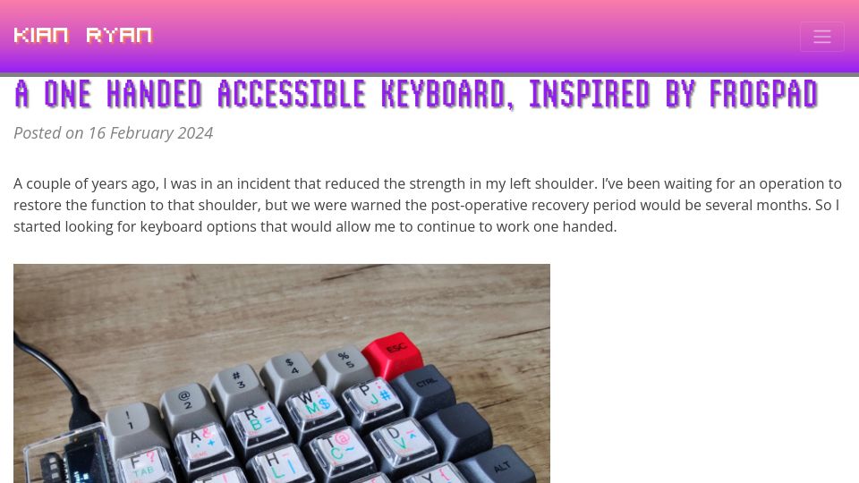 Screenshot of kianryan.co.uk: An accessible one-handed keyboard, inspired by FrogPad