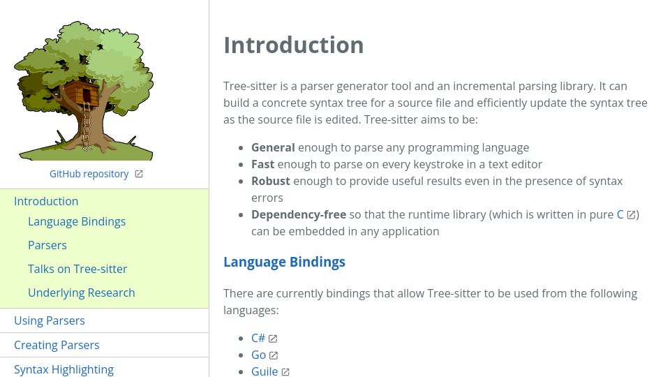 Screenshot of tree-sitter.github.io: Tree-Sitter