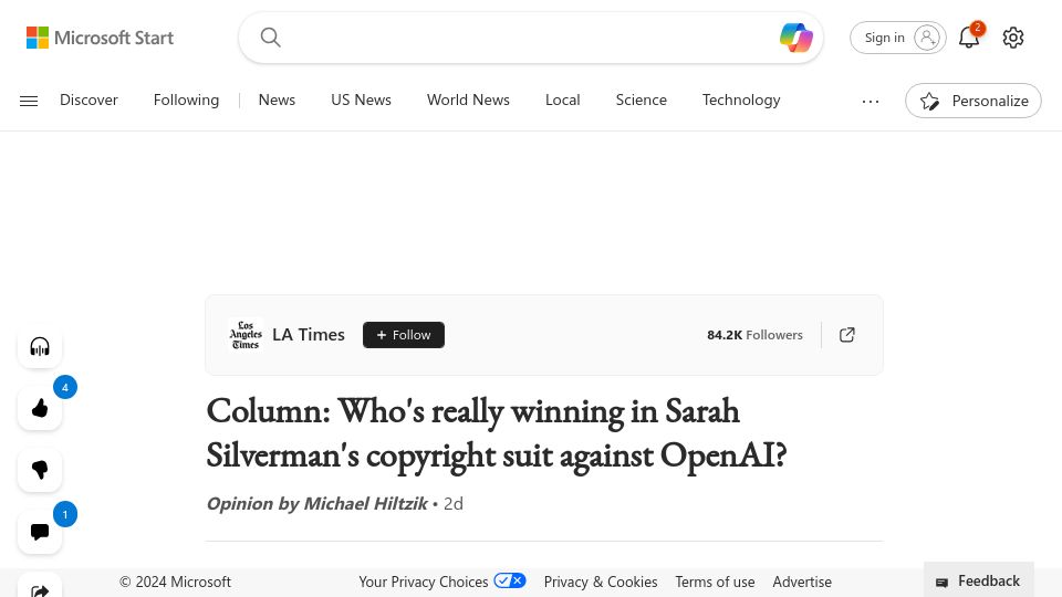 Screenshot of msn.com: Who's winning in Sarah Silverman's copyright suit against OpenAI?