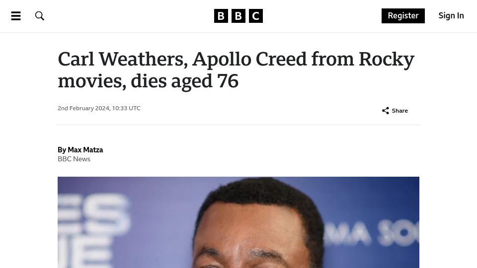 Screenshot of bbc.co.uk: Carl Weathers has died