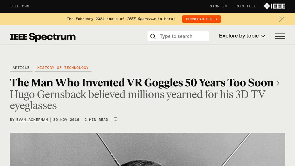 Screenshot of spectrum.ieee.org: A man who invented VR goggles 50 years too soon (2016)