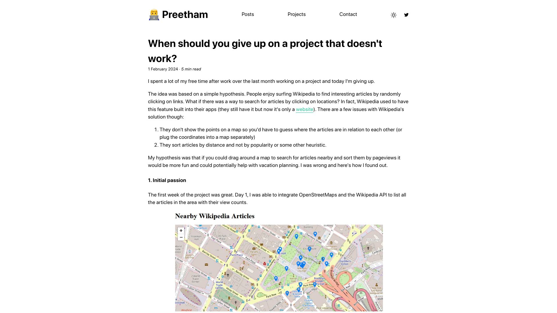 Screenshot of preethamrn.com: When should you give up on a project that doesn't work?