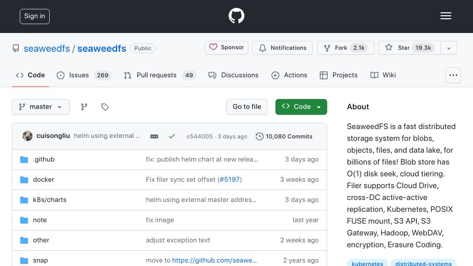 Screenshot of github.com: SeaweedFS fast distributed storage system for blobs, objects, files and datalake