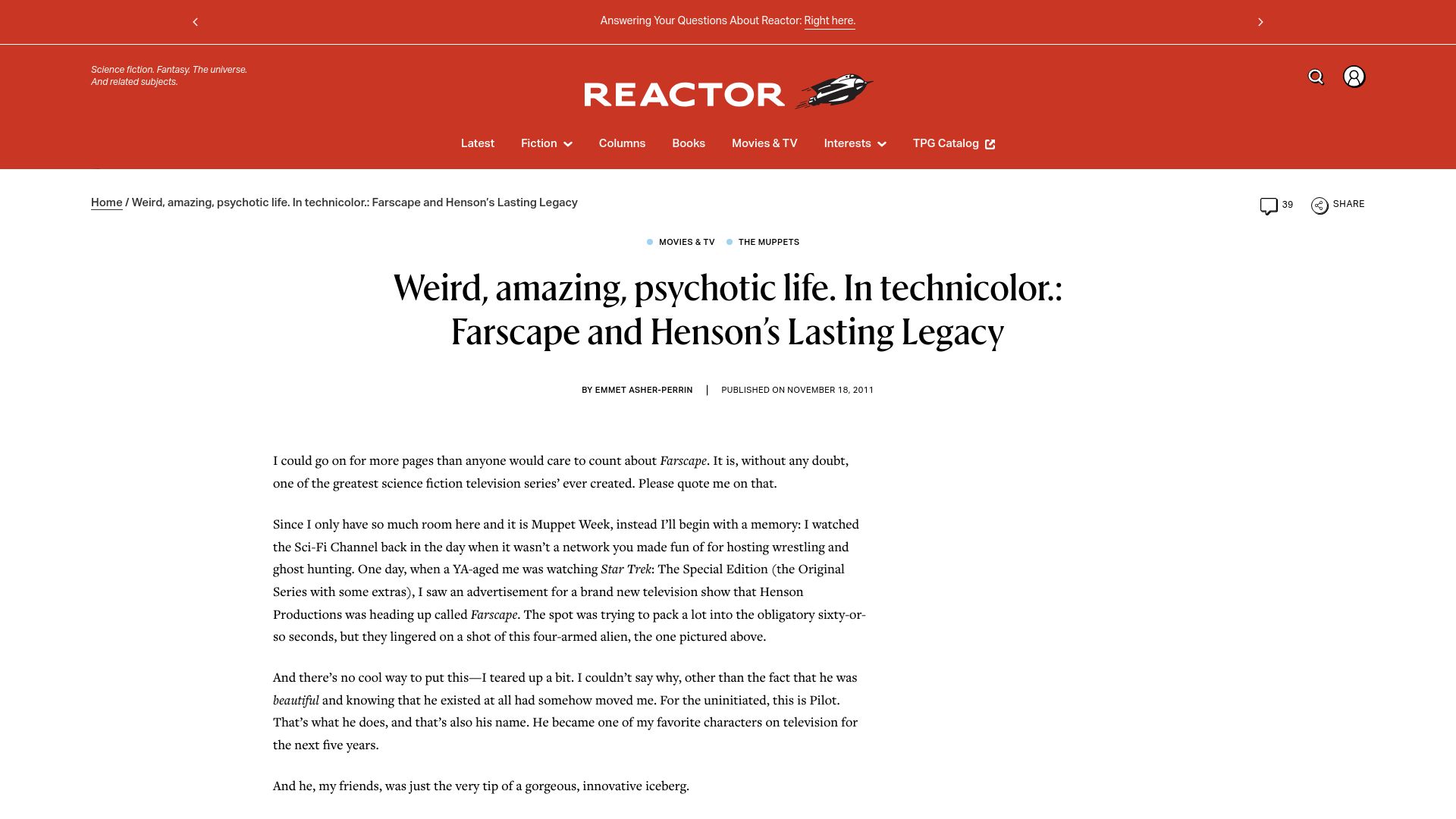 Screenshot of reactormag.com: Farscape and Henson’s Lasting Legacy (2011)