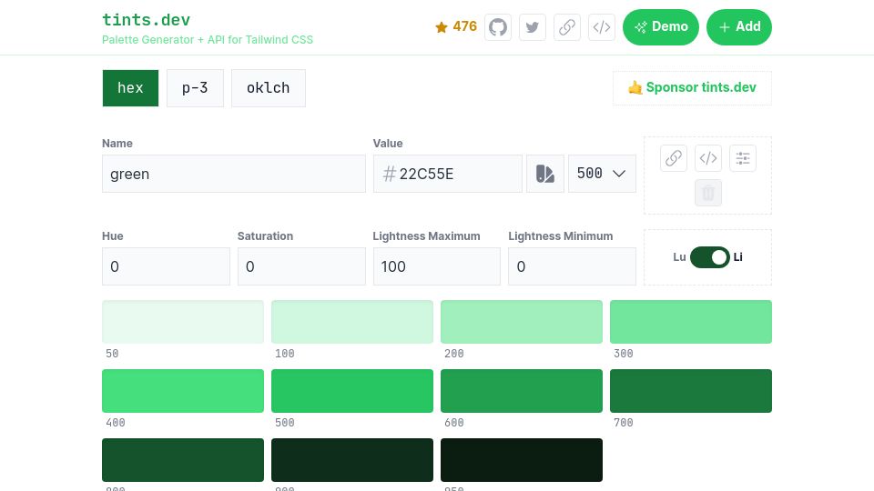 Screenshot of tints.dev: Tailwind color palette generator