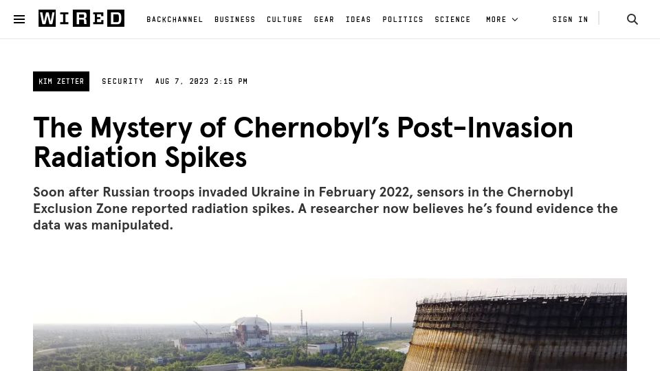 Screenshot of wired.com: The Mystery of Chernobyl's Post-Invasion Radiation Spikes (2023)