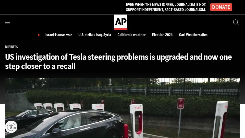 Screenshot of apnews.com: US investigation of Tesla steering problems is now one step closer to a recall