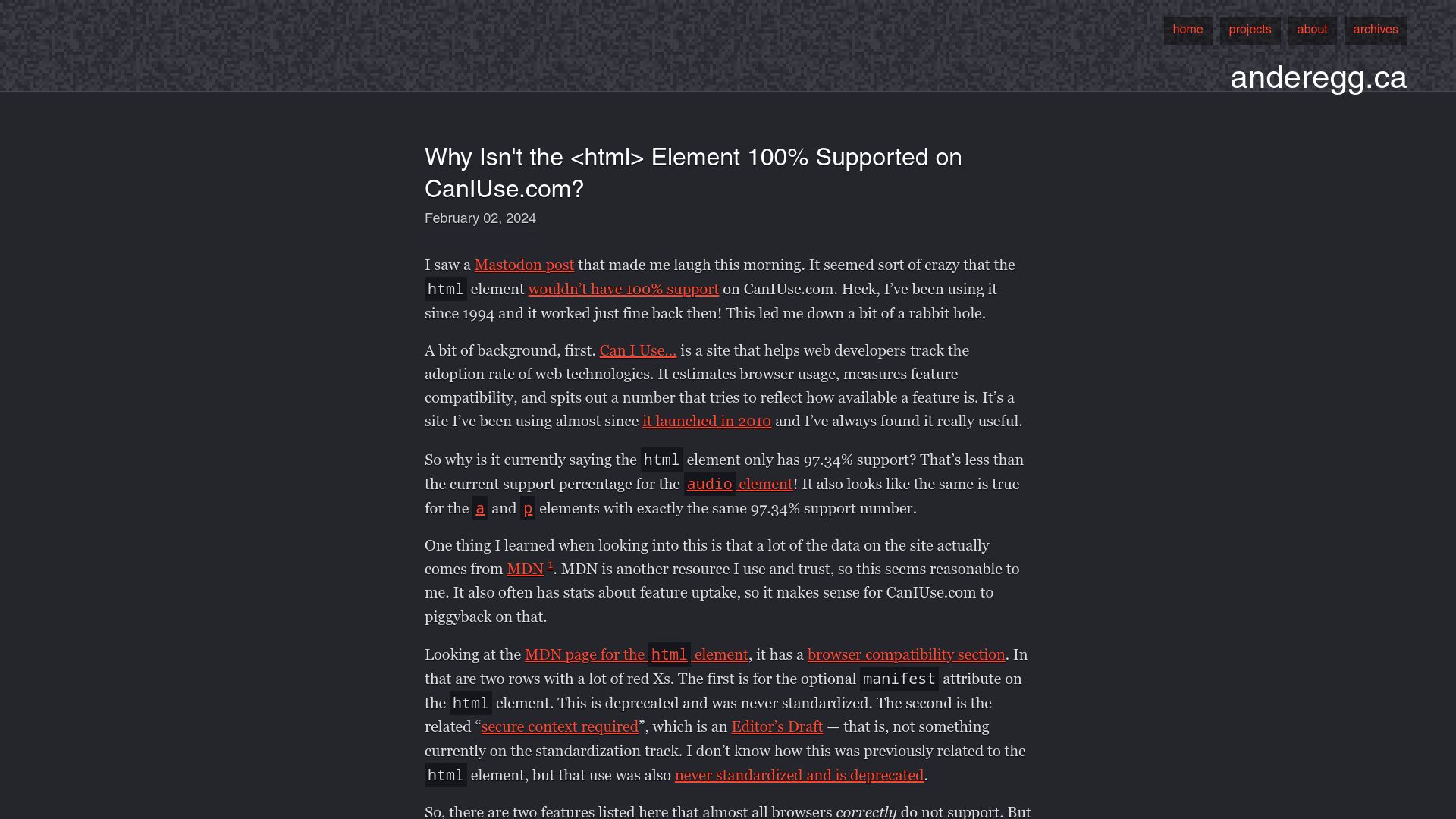 Screenshot of anderegg.ca: Why isn't the <html> element 100% supported on caniuse.com?