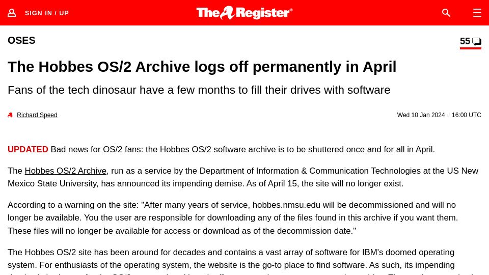 Screenshot of theregister.com: The Hobbes OS/2 Archive logs off permanently in April
