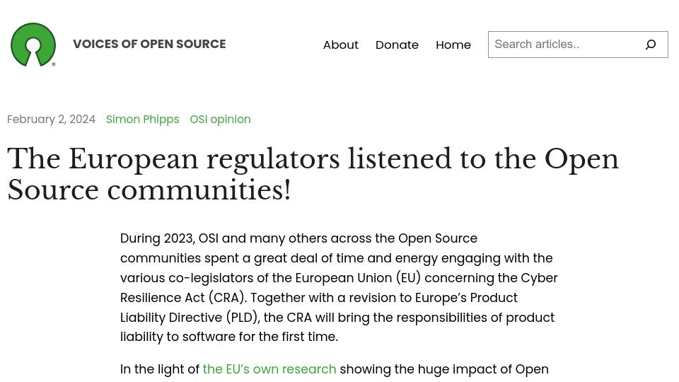 Screenshot of blog.opensource.org: The European regulators listened to the Open Source communities