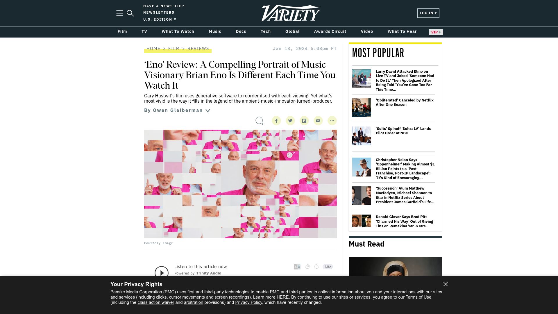 Screenshot of variety.com: 'Eno' Review: A portrait of Brian Eno that is different each time you watch it