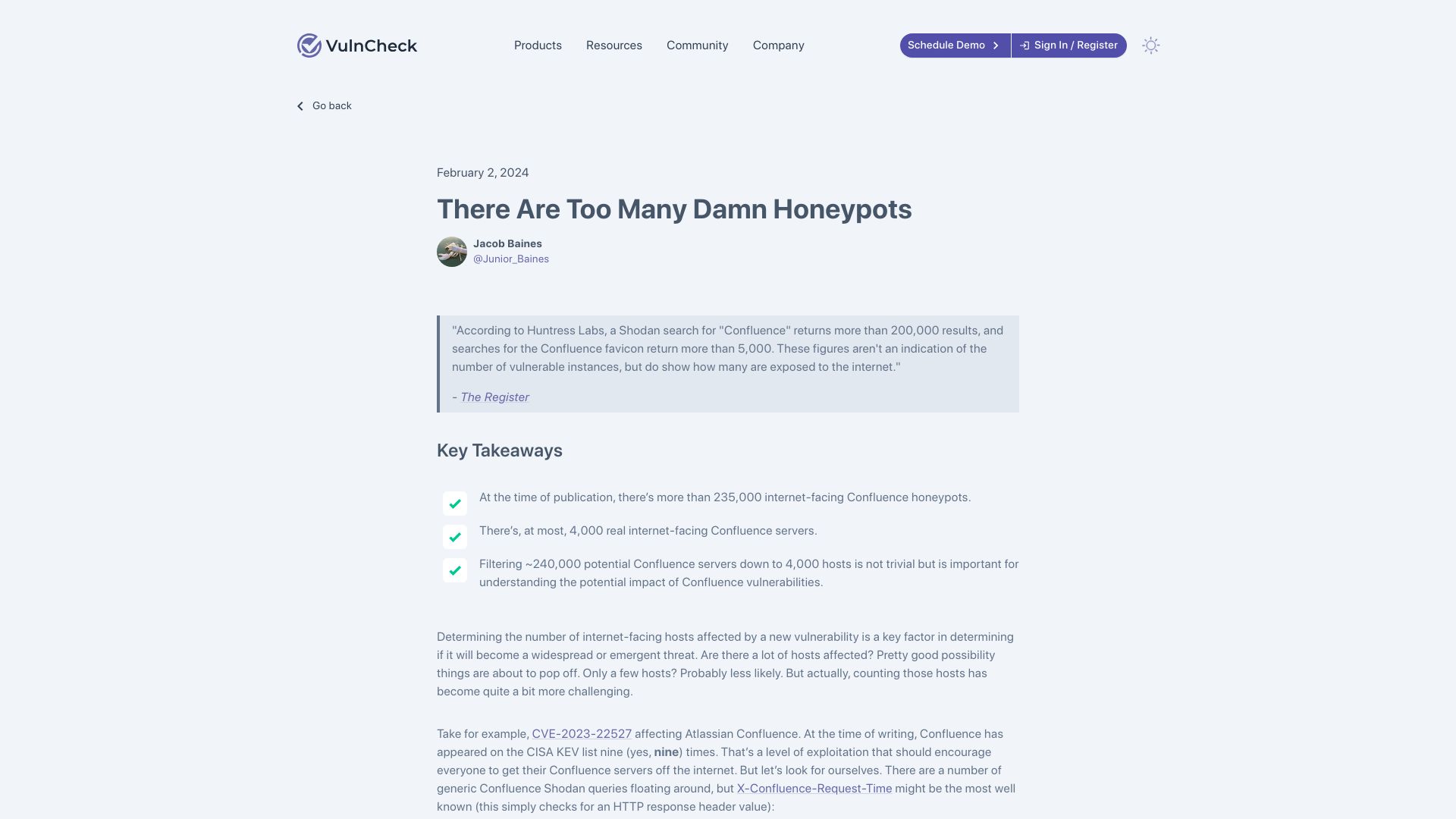 Screenshot of vulncheck.com: There are too many damn honeypots