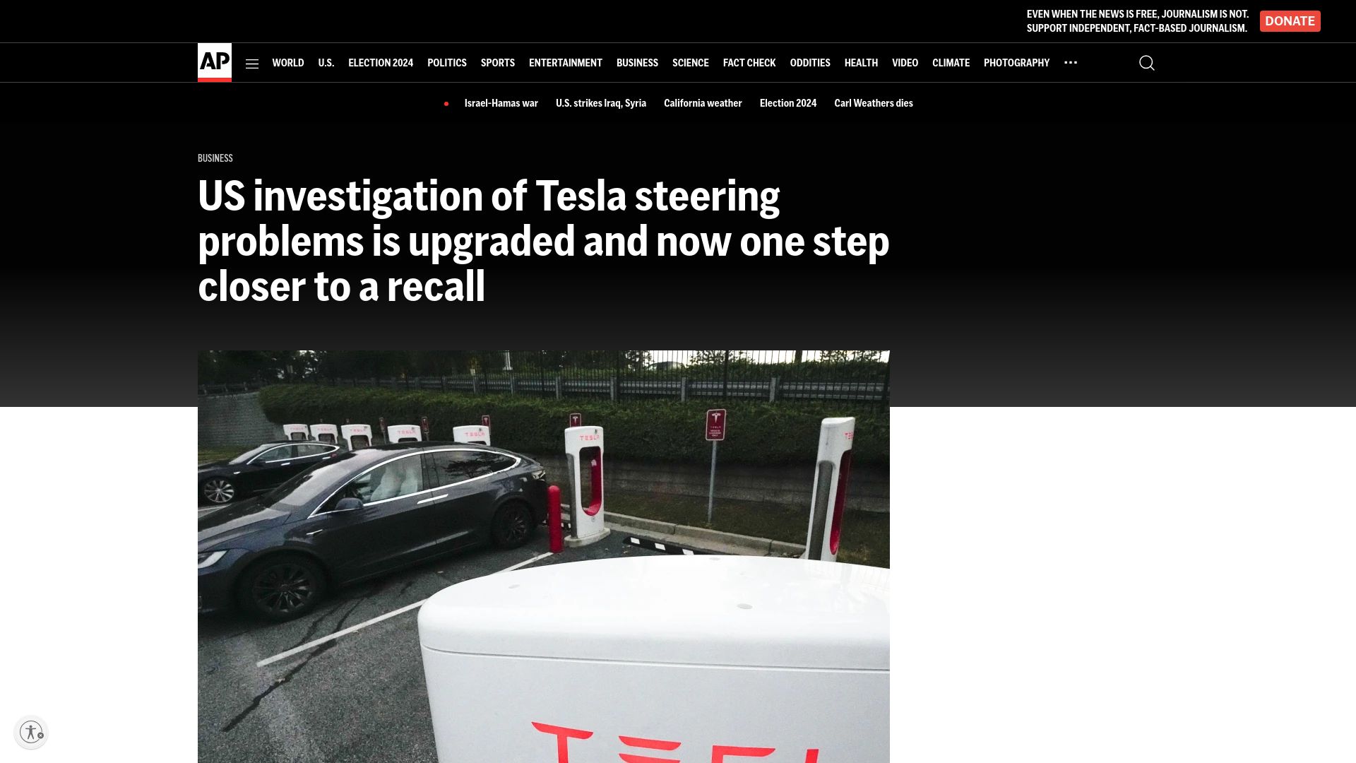 Screenshot of apnews.com: US investigation of Tesla steering problems is now one step closer to a recall
