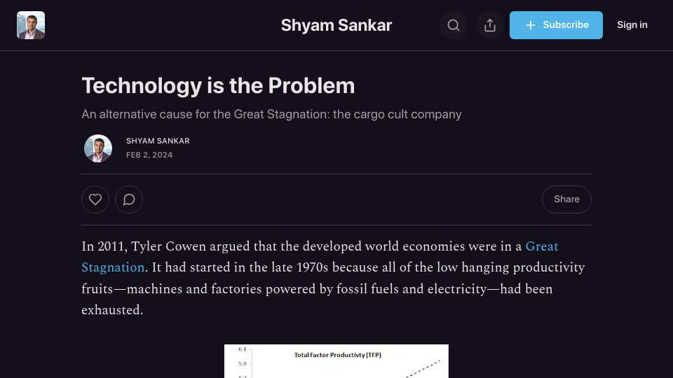 Screenshot of shyamsankar.com: An alternative cause for the Great Stagnation: the cargo cult company
