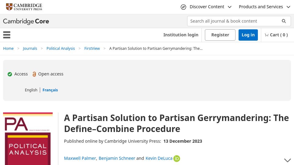 Screenshot of cambridge.org: A Partisan Solution to Partisan Gerrymandering: The Define–Combine Procedure