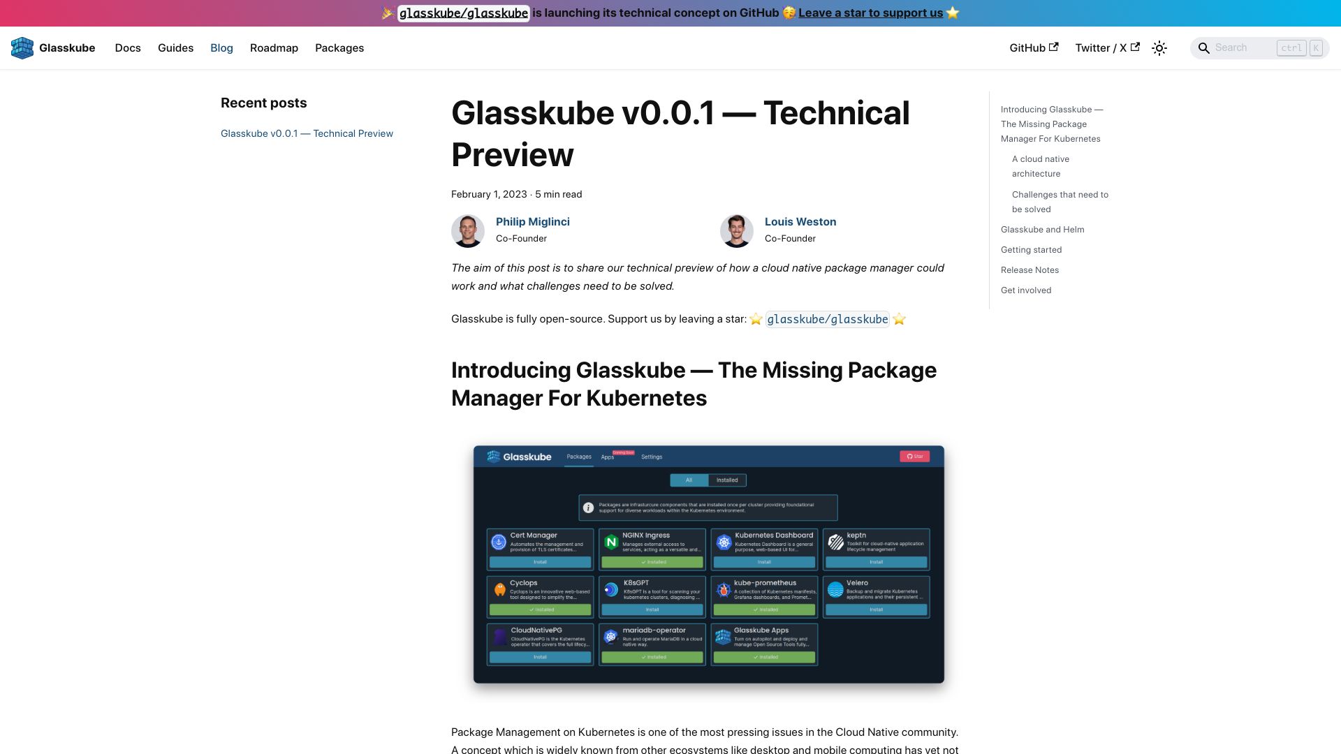 Screenshot of glasskube.dev: Show HN: Glasskube v0.0.1 Technical Preview for a New Kubernetes Package Manager