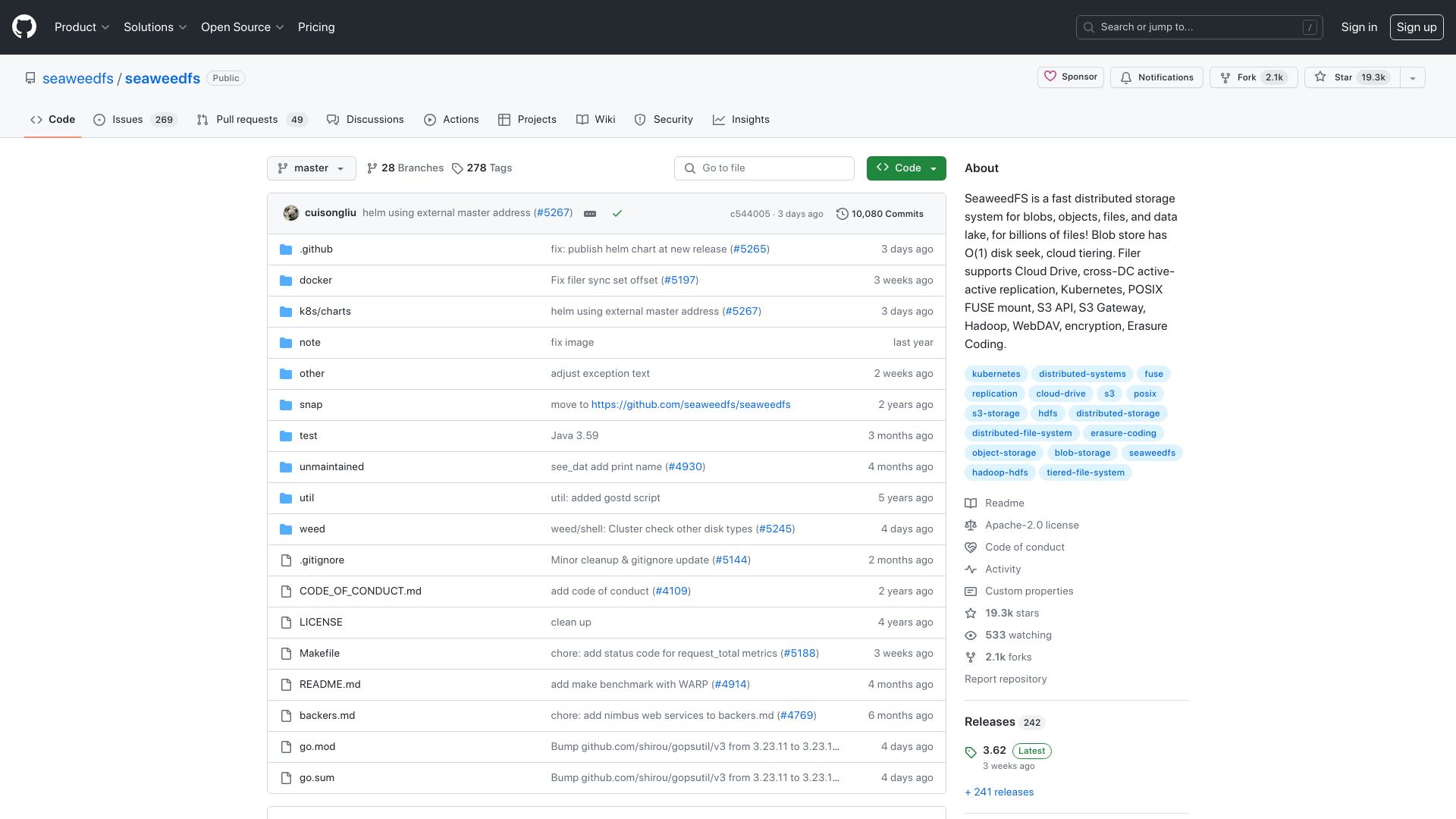 Screenshot of github.com: SeaweedFS fast distributed storage system for blobs, objects, files and datalake