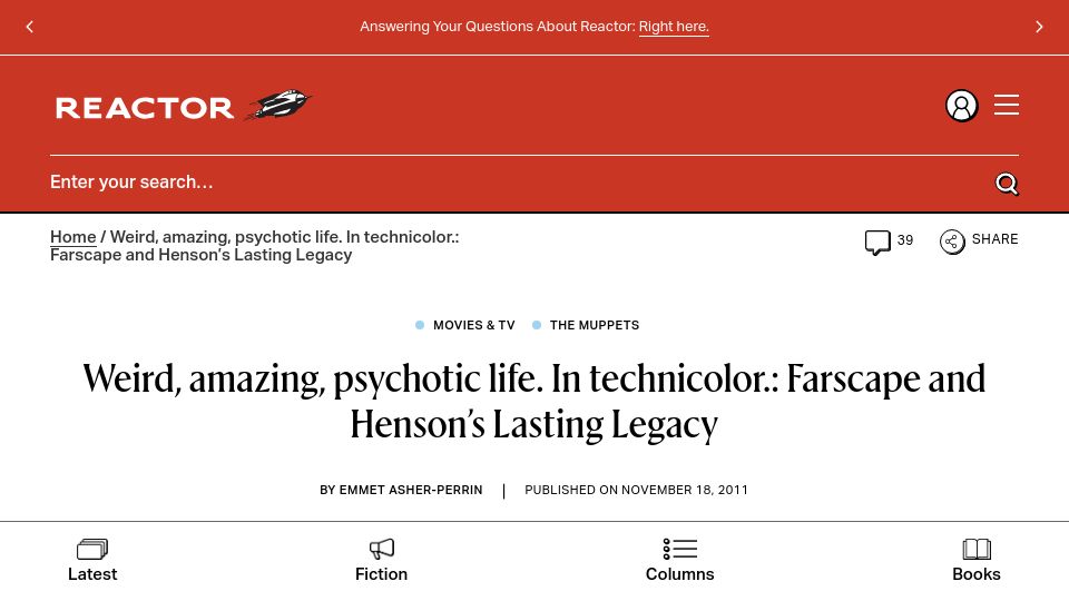 Screenshot of reactormag.com: Farscape and Henson’s Lasting Legacy (2011)