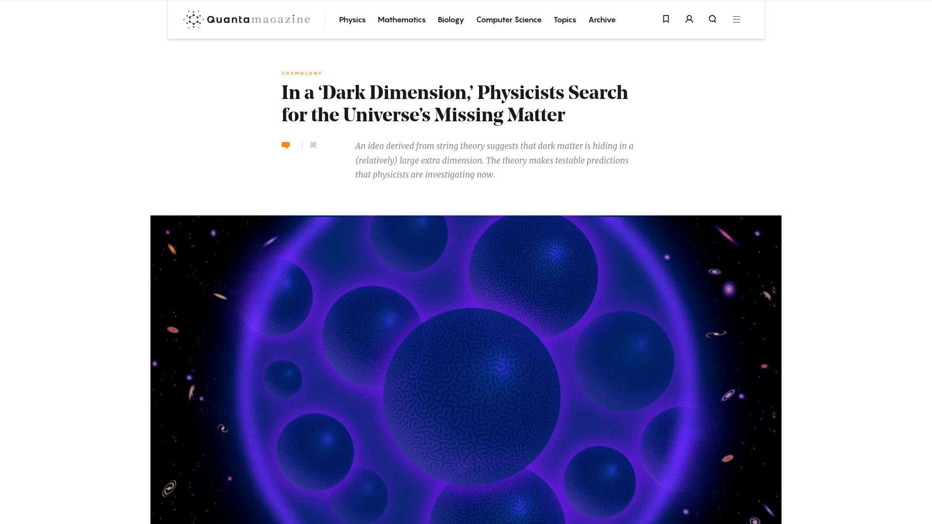 Screenshot of quantamagazine.org: In a 'Dark Dimension,' Physicists Search for the Universe's Missing Matter