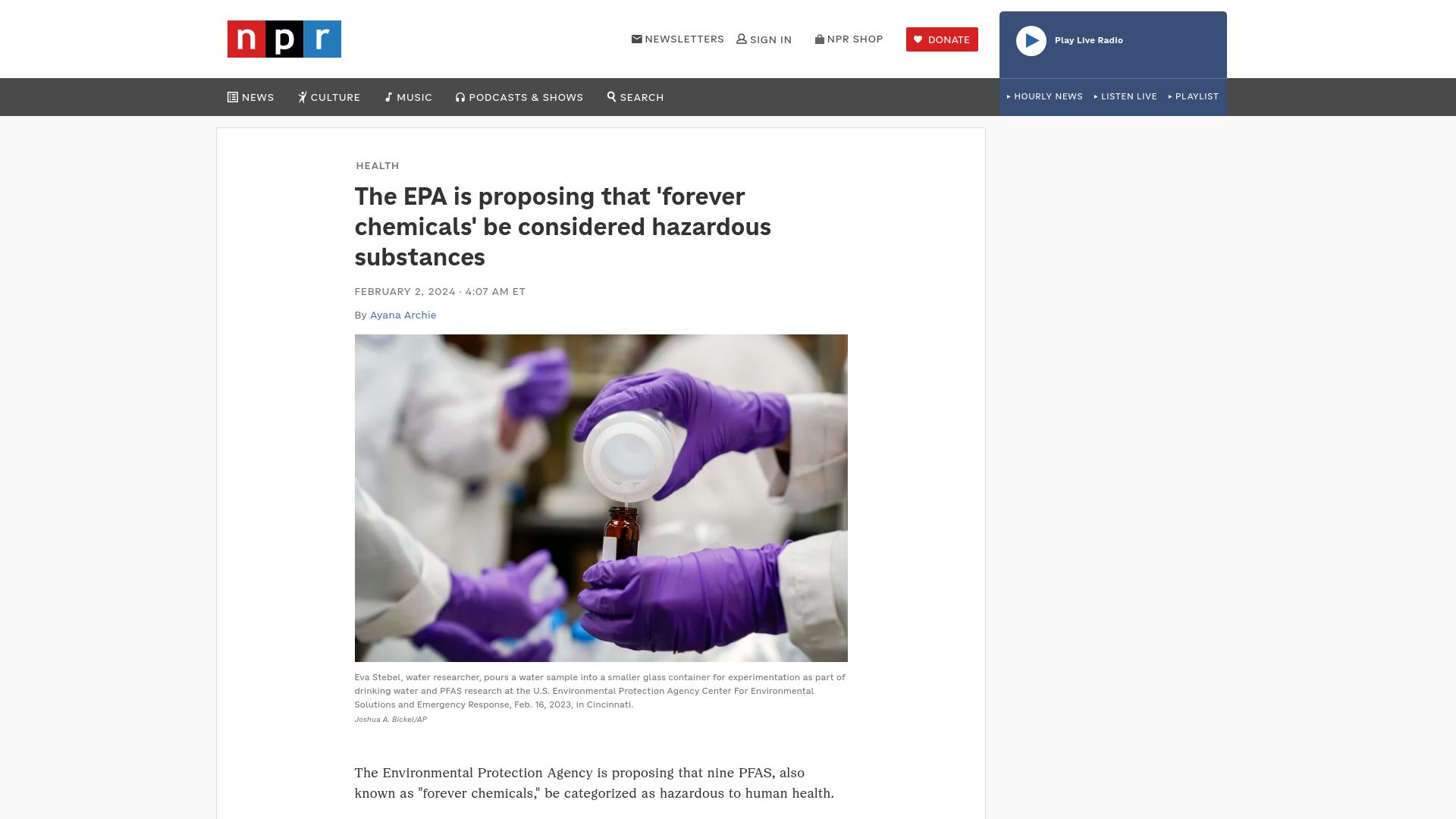 Screenshot of npr.org: The EPA is proposing that 'forever chemicals' be considered hazardous substances