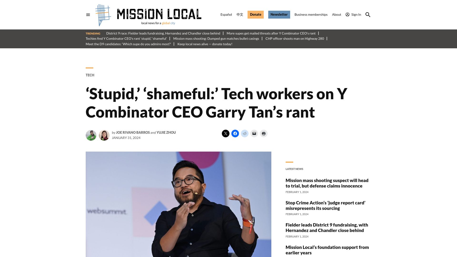 Screenshot of missionlocal.org: 'Stupid,' 'shameful:' Tech workers on Y Combinator CEO Garry Tan's rant