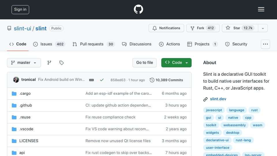 Screenshot of github.com: Slint GUI Toolkit