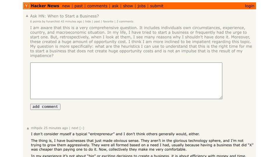 Screenshot of Hacker News post: Ask HN: When to Start a Business?