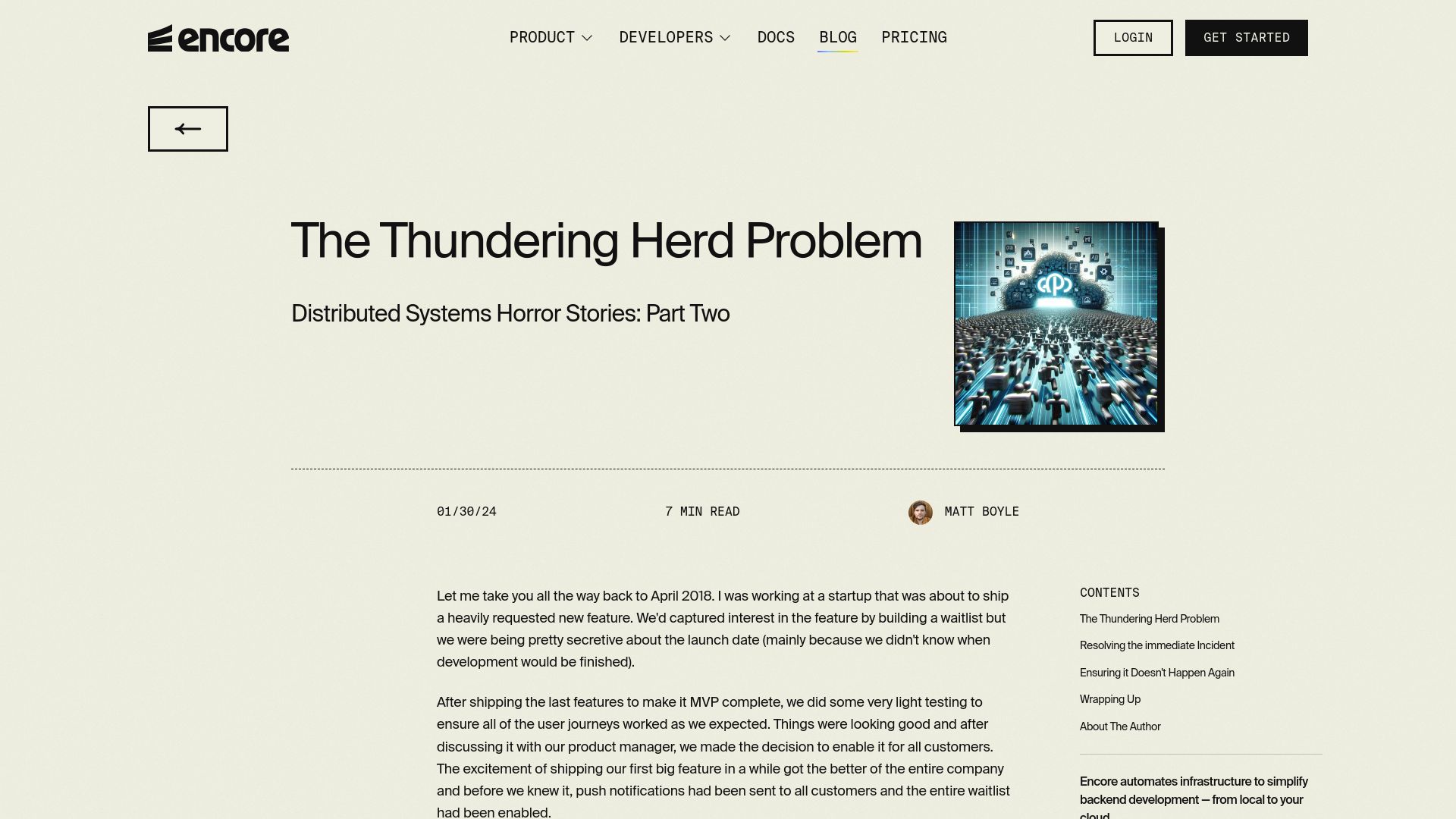 Screenshot of encore.dev: The Thundering Herd Problem