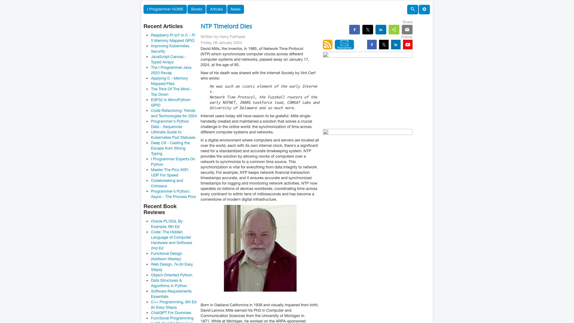 Screenshot of i-programmer.info: NTP Timelord Dies