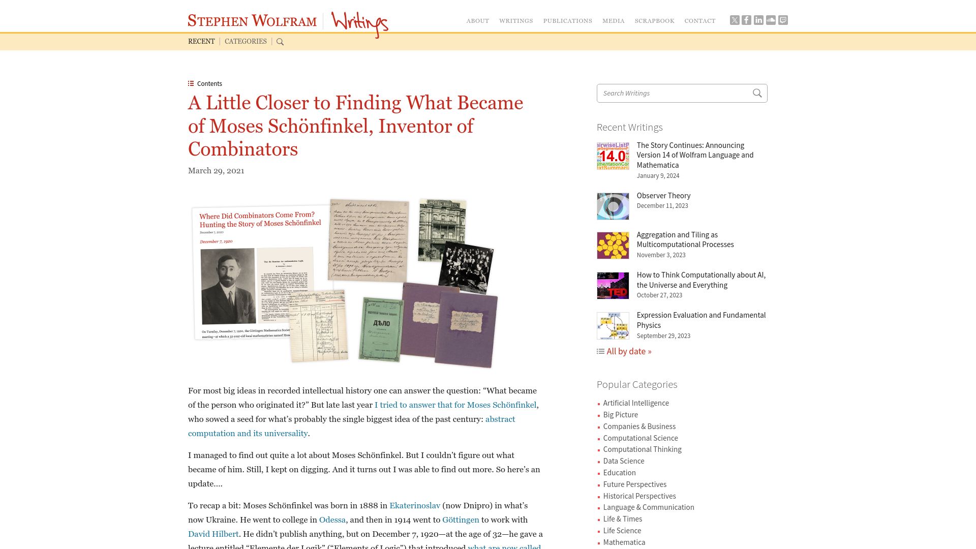 Screenshot of writings.stephenwolfram.com: A little closer to finding what became Moses Schönfinkel (2021)