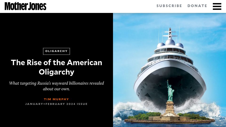 Screenshot of motherjones.com: The Rise of the American Oligarchy