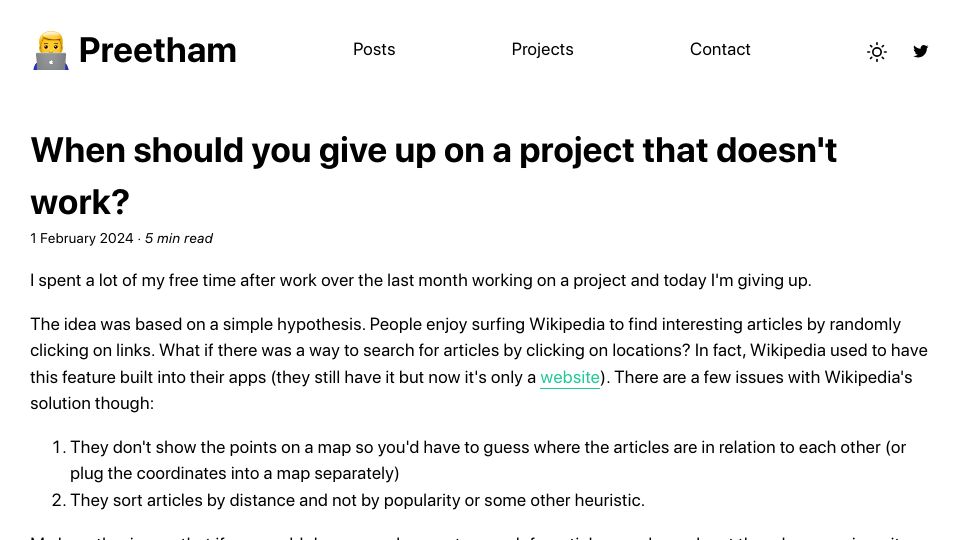 Screenshot of preethamrn.com: When should you give up on a project that doesn't work?