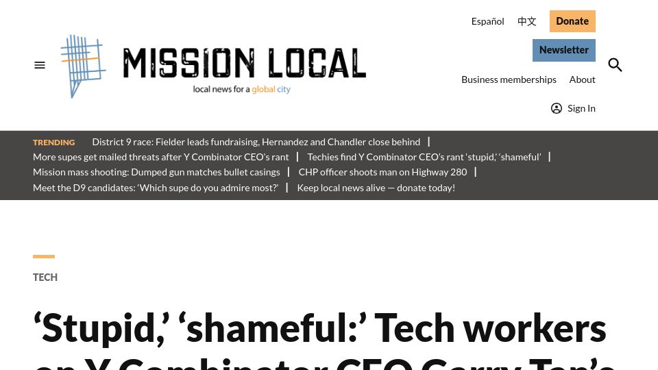 Screenshot of missionlocal.org: 'Stupid,' 'shameful:' Tech workers on Y Combinator CEO Garry Tan's rant