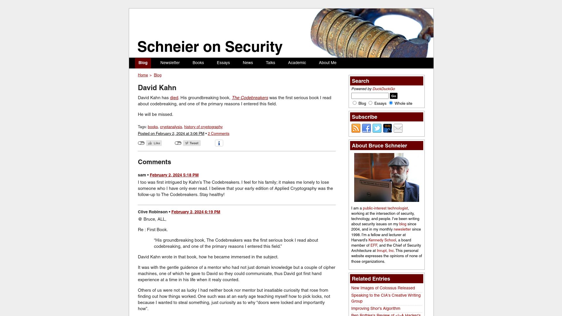 Screenshot of schneier.com: David Kahn has died