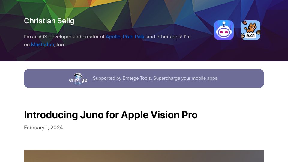 Screenshot of christianselig.com: Juno – A YouTube Client for Vision Pro