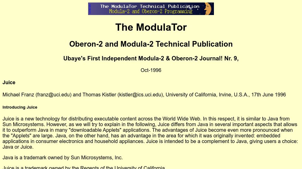Screenshot of modulaware.com: Juice – Oberon JIT browser plugin (1996)