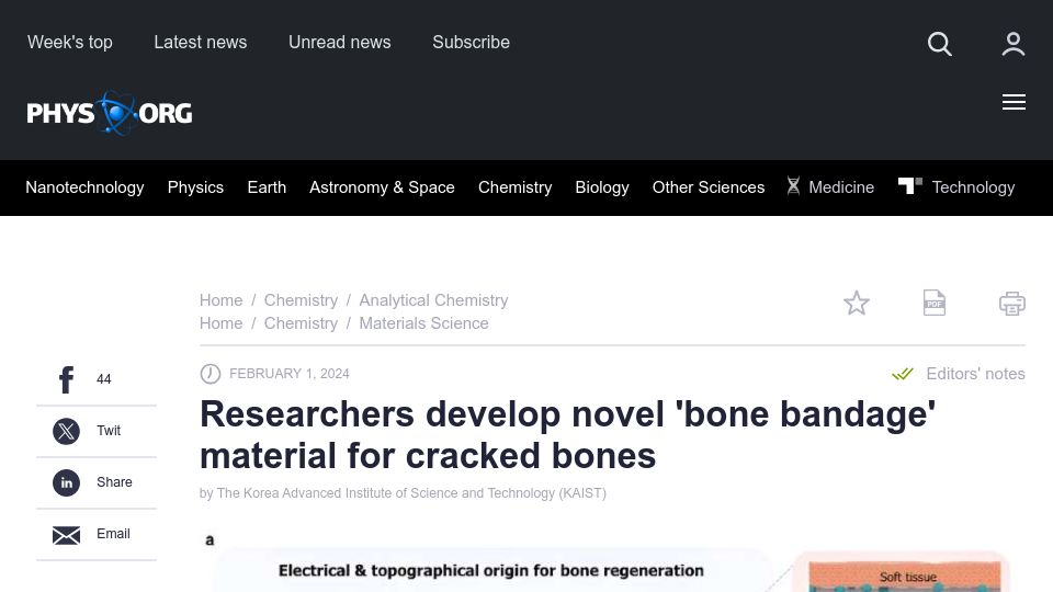 Screenshot of phys.org: Researchers develop novel 'bone bandage' material for cracked bones